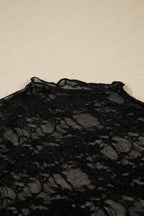 Black Sheer Floral Lace Lettuce Trim Mock Neck Long Sleeve Top