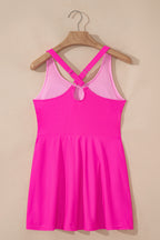 Rose Red Contrast Trim Neckline Active Shorts Attached One Piece Swim Dress