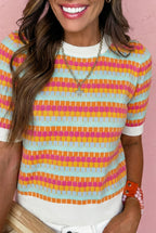 Abstract Striped Knit Short Sleeve Sweater