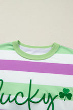 Green Stripe Lucky Clover Embroidered Graphic Dolman Loose Tee