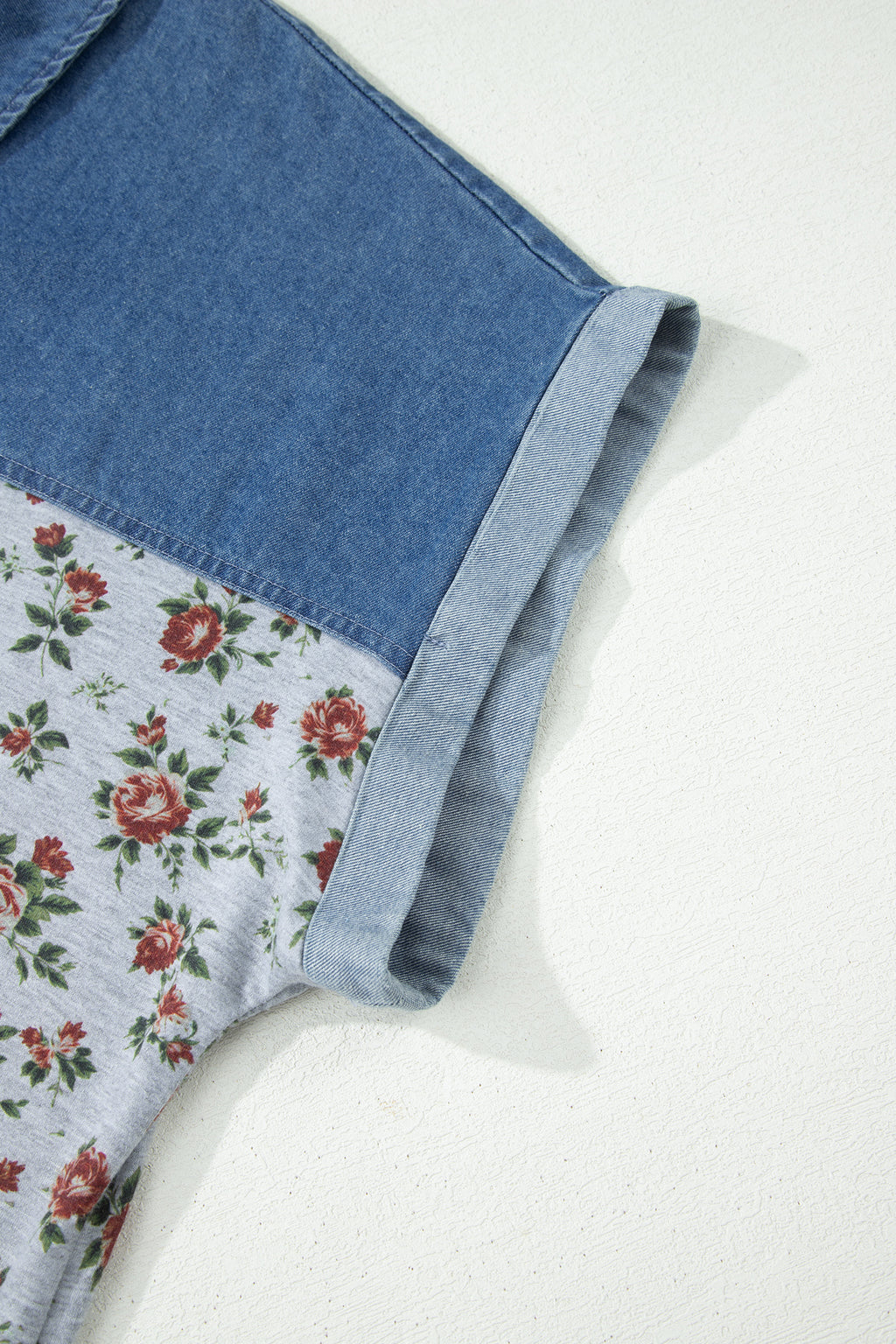Grey Retro Floral Print Denim Patchwork Plus Size Polo Tee
