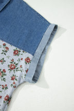 Grey Retro Floral Print Denim Patchwork Plus Size Polo Tee