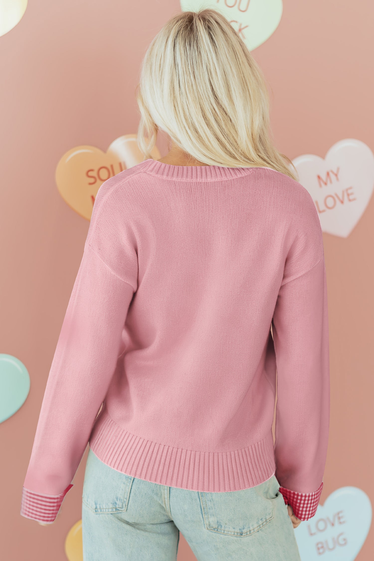Plaid Heart Embroidered Cuffed Drop Shoulder Crew Neck Sweater