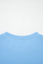 Light Blue Round Neck Textured Contrast Floral Bubble Sleeve Blouse