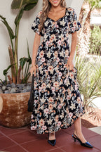 Blue Short Sleeve Smocked Detail High Waist Floral Maxi Dress