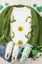 White St Patricks Day Sequin Graphic Casual T Shirt