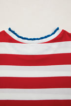 Striped Contrast Trim Round Neck Short Puff Sleeve Shift Mini Dress