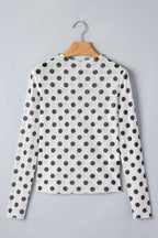 White Polka Dot Mesh Long Sleeve Stand Neck Sheath Top