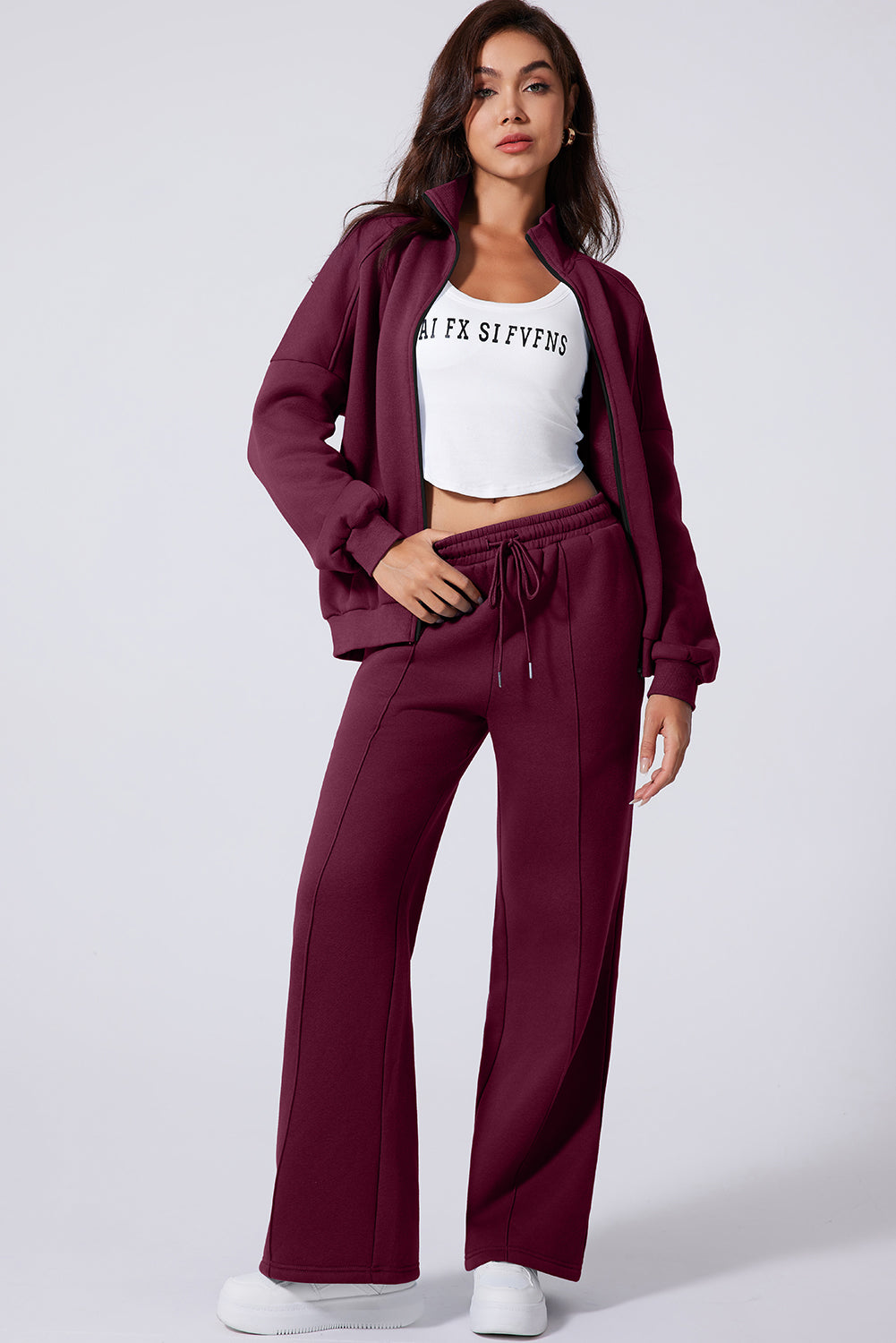 Drop Shoulder Zip Up Jacket Drawstring Pants Active 2pcs Set