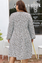 Plus Size Button V Neck Leopard Print Puff Sleeve Loose Mini Dress