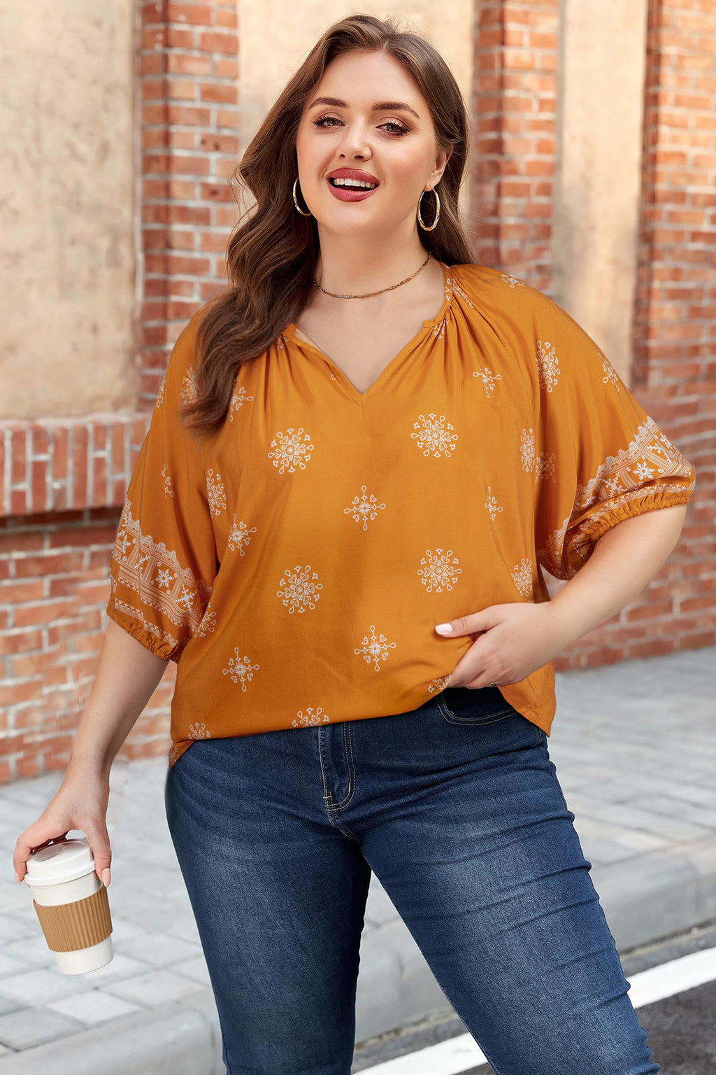 Boho Chic Notched V Neck Plus Floral Short Sleeve Top