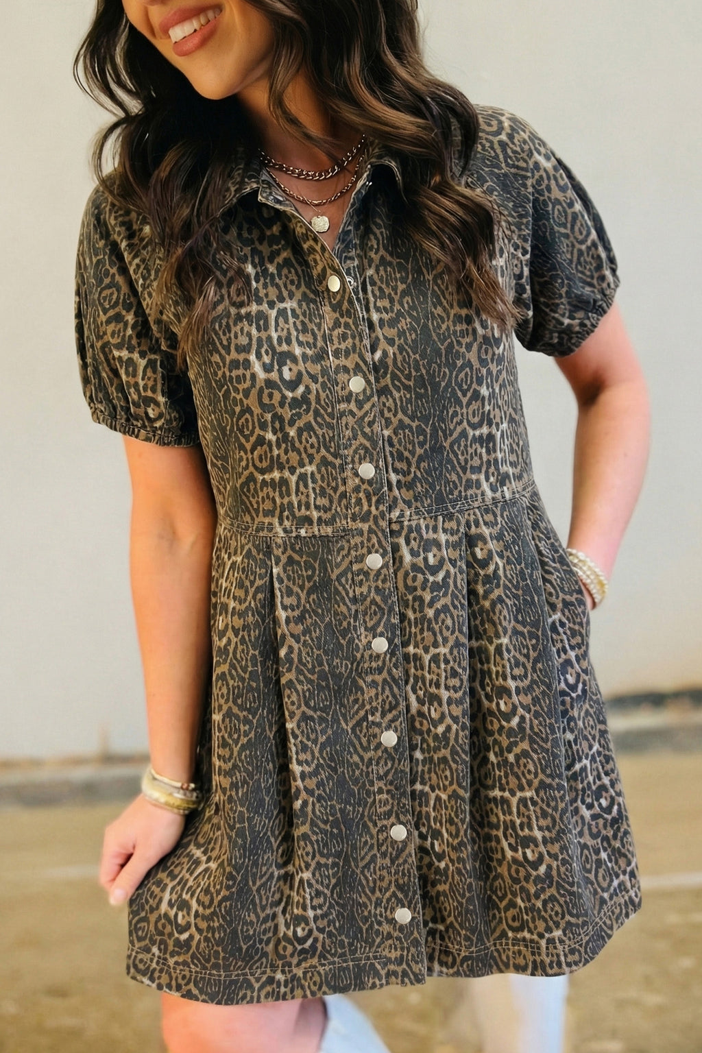 Grey Leopard Print Short Sleeve Pleated Denim Mini Dress