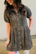 Grey Leopard Print Short Sleeve Pleated Denim Mini Dress