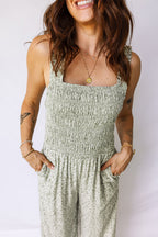 Green Smocked Bodice Square Neck Sleeveless Floral Jumpsuit