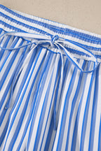 Sky Blue Stripe Drawstring Elastic Waist Patch Pocket Wide Leg Ankle-length Pants