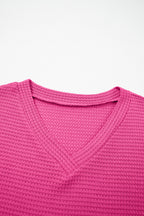 Strawberry Pink Waffle V Neck Short Sleeve Knit Top