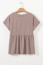 Khaki Stripe Buttoned V Neck High Low Side Slit T Shirt