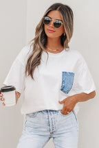 Color Block Chest Pocket Patched Casual Short Sleeve Top