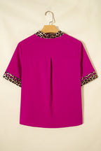 Violet Leopard Patchwork Trim Split Neck Short Sleeve Blouse