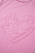 Pink Paisley Broderie Anglaise Valentine Heart Pattern Long Sleeve Patchwork Top