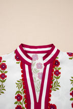 Floral Short Bubble Sleeve Contrast Slit Neckline Blouse