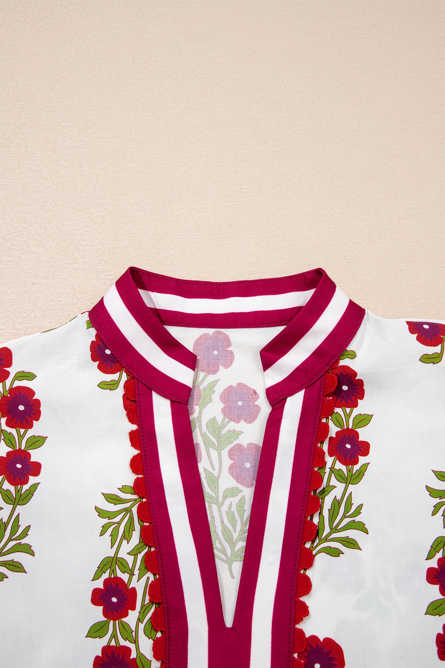 Floral Short Bubble Sleeve Contrast Slit Neckline Blouse