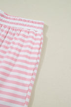 Pink Stripe Drop Shoulder Round Neck Top and Buttoned Straight Pants Two Piece Set