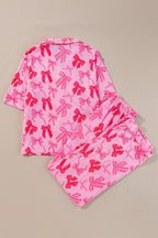 Pink Bow Knot Print Lapel Collar Short Sleeve and Pants Pyjamas Set
