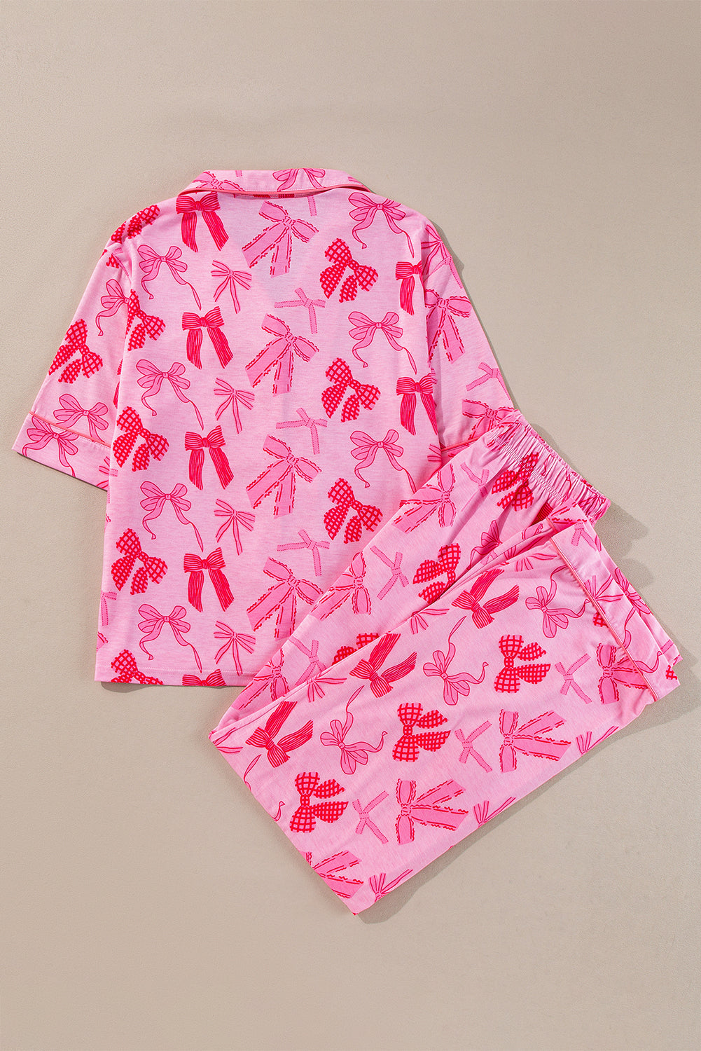 Pink Bow Knot Print Lapel Collar Short Sleeve and Pants Pyjamas Set
