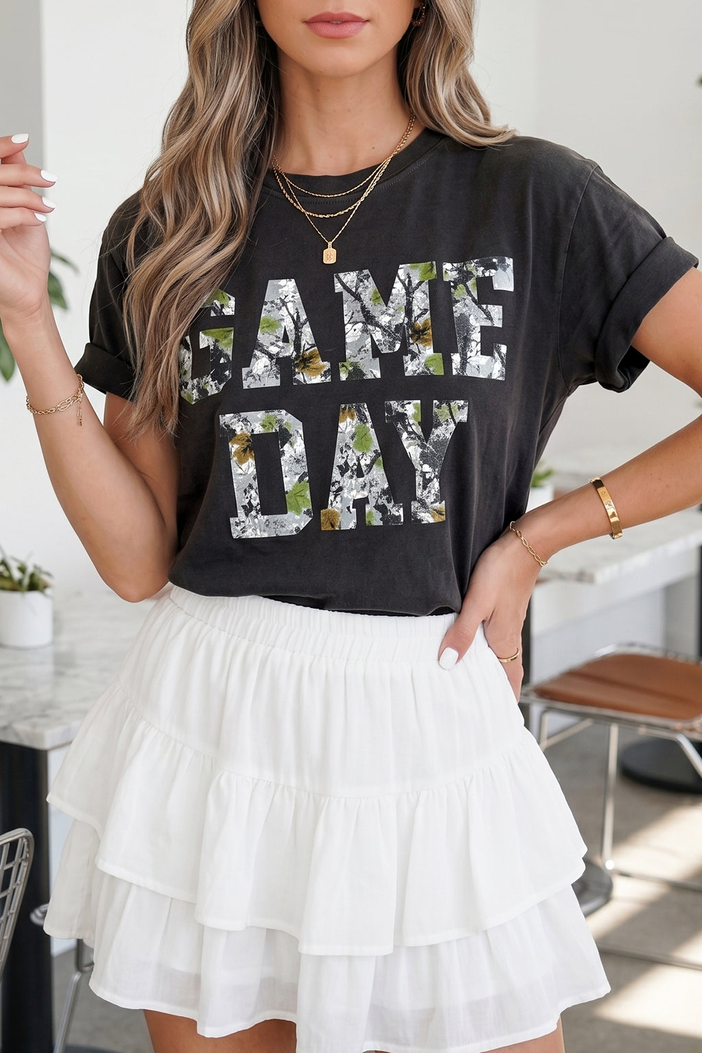 Black Game Day Camo Print Tee Short Sleeve Casual T-Shirt