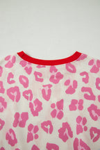 Rose Unique Leopard Print Contrast Trim Top Loose 2pcs Short Set
