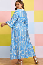 Sky Blue Plus Size Geometric Print Contrast Trim V Neck Bracelet Sleeve Long Dress