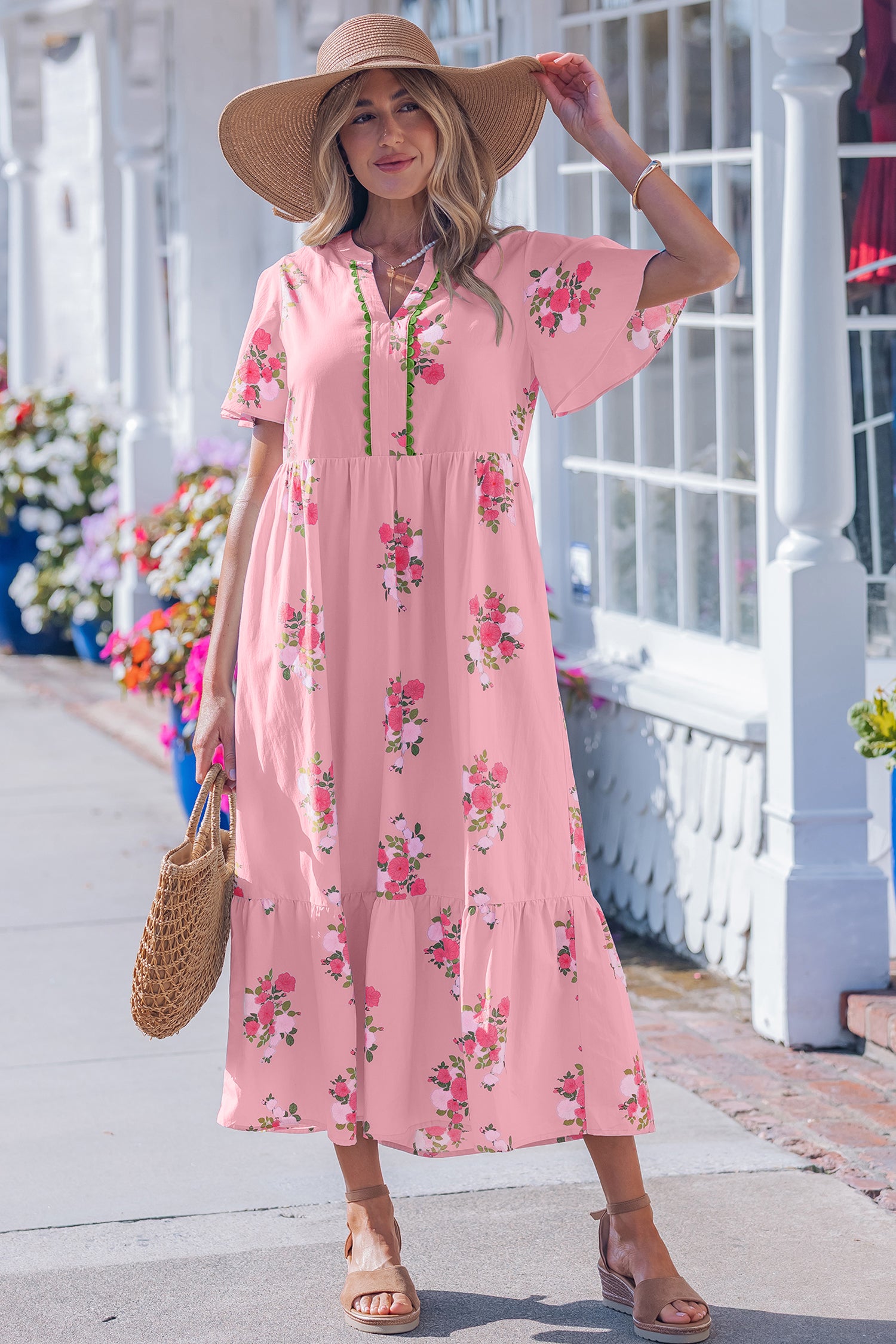 Notched Neck Flutter Short Sleeve Floral Print Maxi Dress