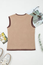 Light French Beige Ribbed Knit Contrast Trim Round Neck Horseshoe Sweater Vest