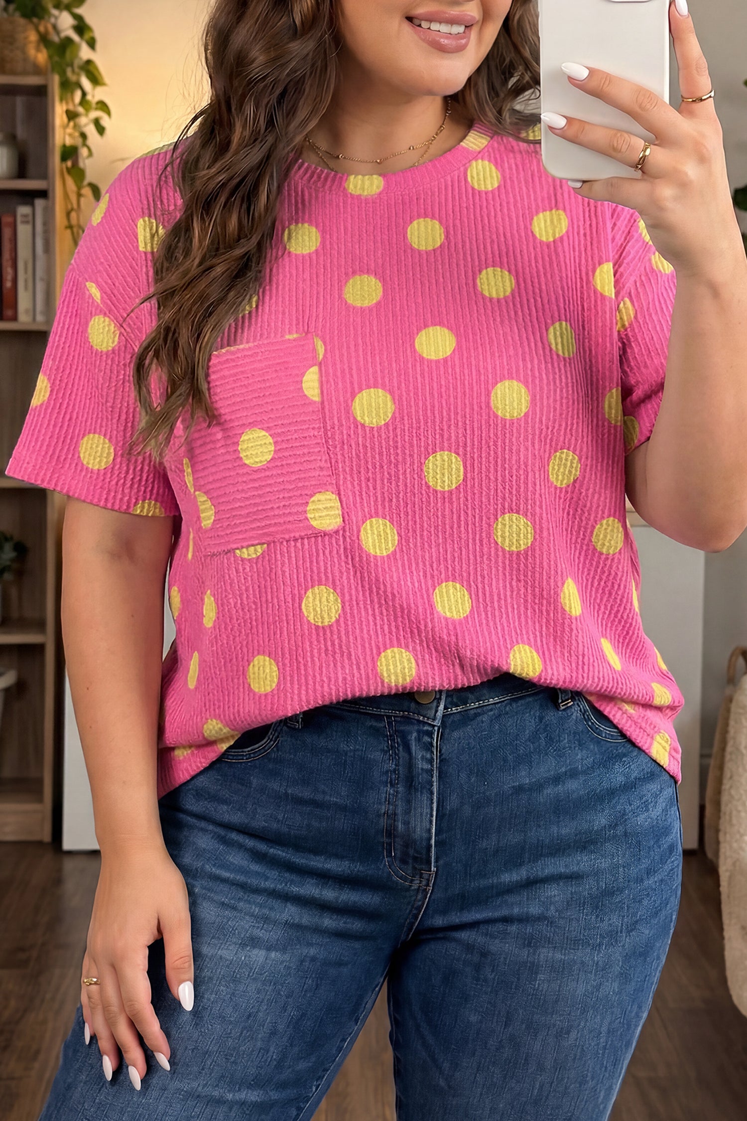 Twisted Rib Polka Dot Print Plus Size T Shirt