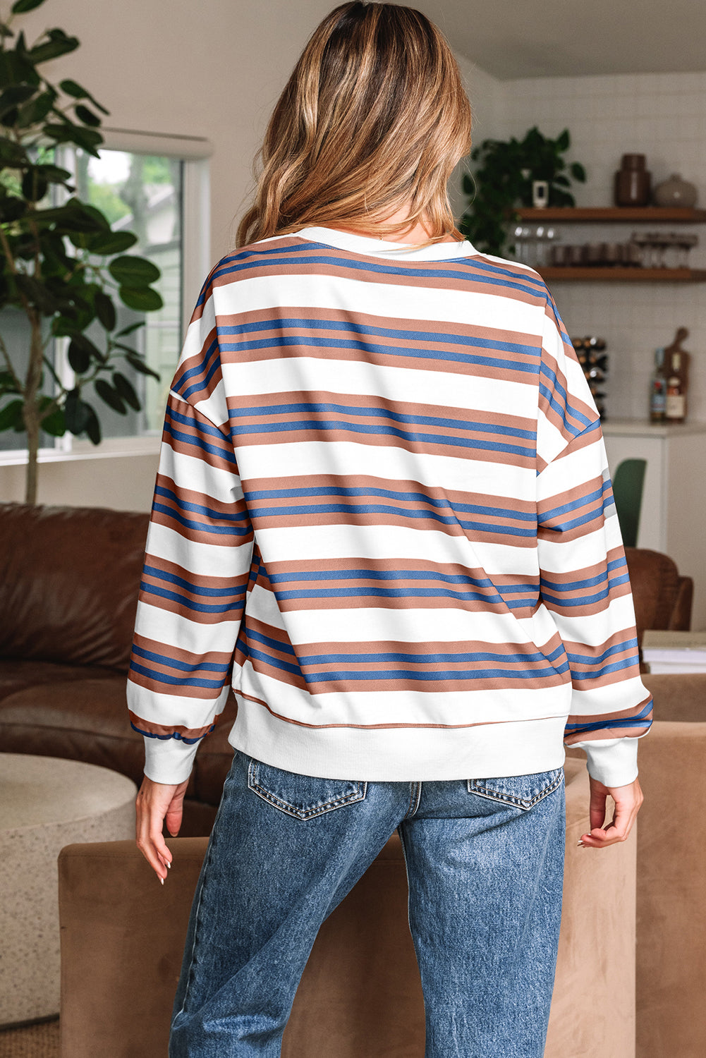Striped Crew Neck Drop Shoulder Pullover Sweatshirt