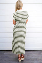 Green Stripe Collared V Neck Short Sleeve T Shirt Midi Dress with Pockets