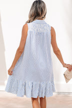 Sky Blue Stripe Shirt Collar Shirred Detail Ruffle Hem Sleeveless Dress