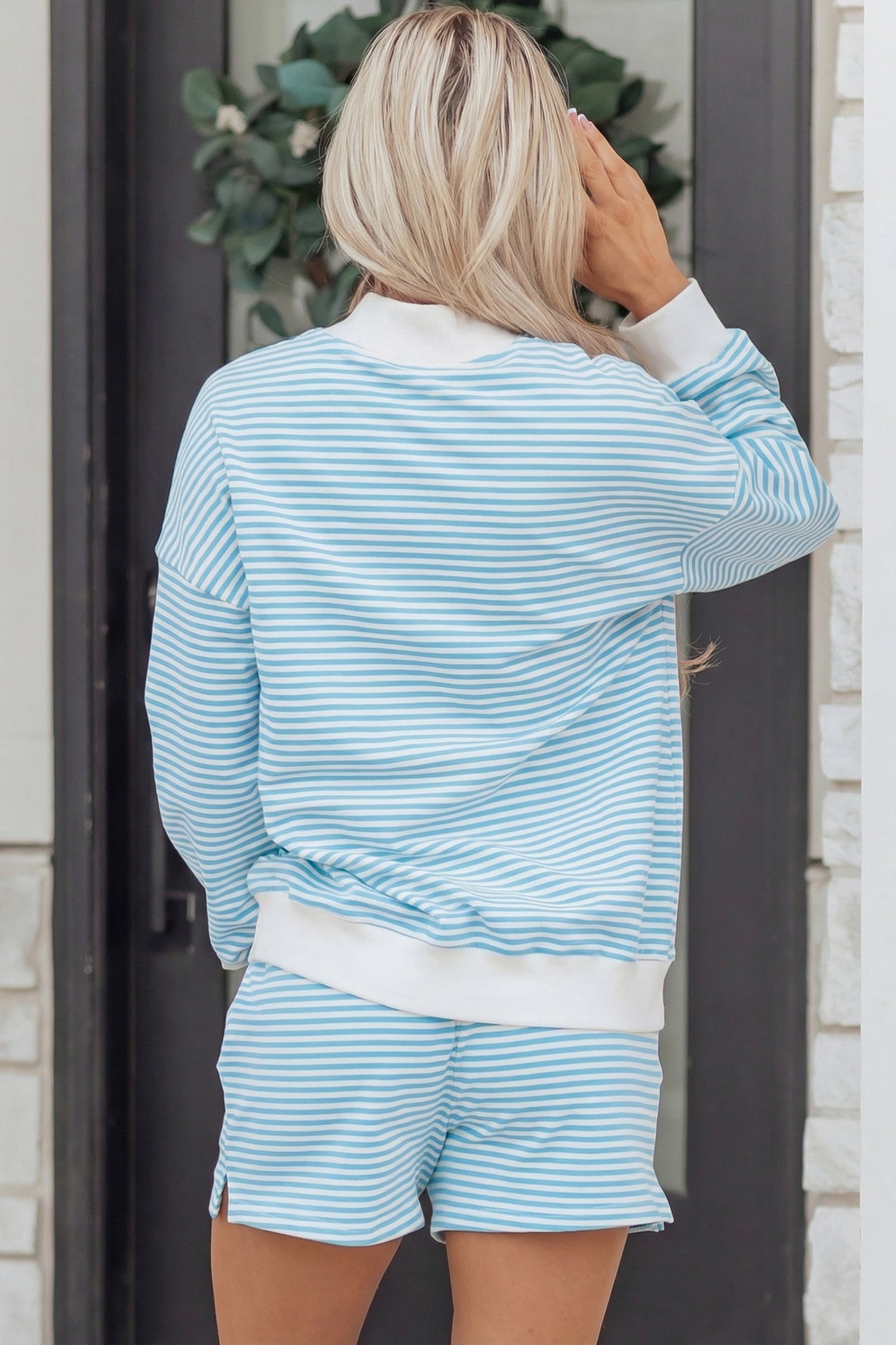 Striped Oversize Mock Neck Sweatshirt and Shorts Set