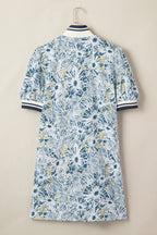Blue Floral Print Striped Webbing Patchwork Collar Short Sleeve Mini Dress