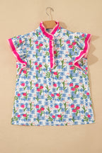 Rose Floral Print Color Block Striped Trim Flutter Sleeve Half Button Blouse