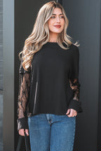 Black Solid Color Bow Textured Patchwork Long Sleeve Tee
