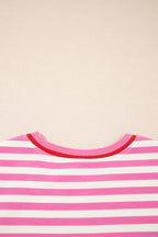 Pink Stripe Contrast Trim Short Sleeve Top Loose Shorts 2pcs Casual Outfit