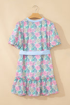 White Floral Print Striped Contrast Trim Belted Short Dress