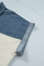 Light Grey Half Buttons Collared Denim Patchwork Plus Size Short Sleeve Top