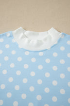 Polka Dot Print Color Block Trim Mock Neck Short Set
