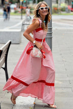 Red Stripe Bow Knot Straps Contrast Trim High Waist Ruffle Hem Maxi Dress