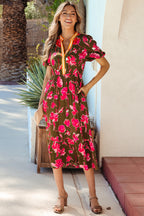 Green Floral Print Striped Trim Split Neck Short Puff Sleeve Ruffle Hem Maxi Dress
