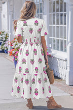 Floral Print Split Neck Shirred High Waist Ruffle Hem Maxi Dress