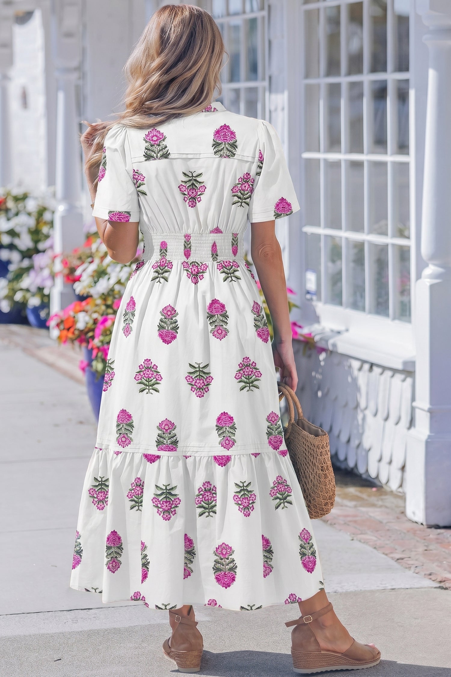 Floral Print Split Neck Shirred High Waist Ruffle Hem Maxi Dress